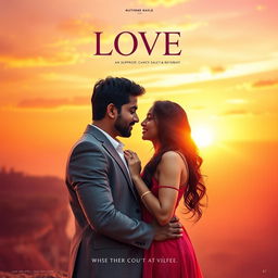 A cinematic love film poster featuring a handsome modern Indian man dressed in a sophisticated suit and a strikingly beautiful Indian woman in a chic western dress