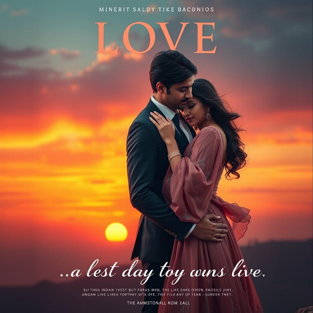 A cinematic love film poster featuring a handsome modern Indian man in a sleek suit and a breathtakingly beautiful Indian woman in a flowing western dress