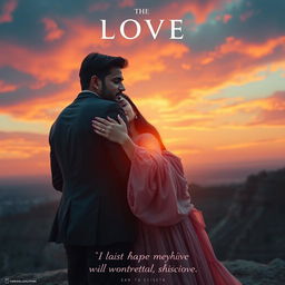 A cinematic love film poster featuring a handsome modern Indian man in a sleek suit and a breathtakingly beautiful Indian woman in a flowing western dress