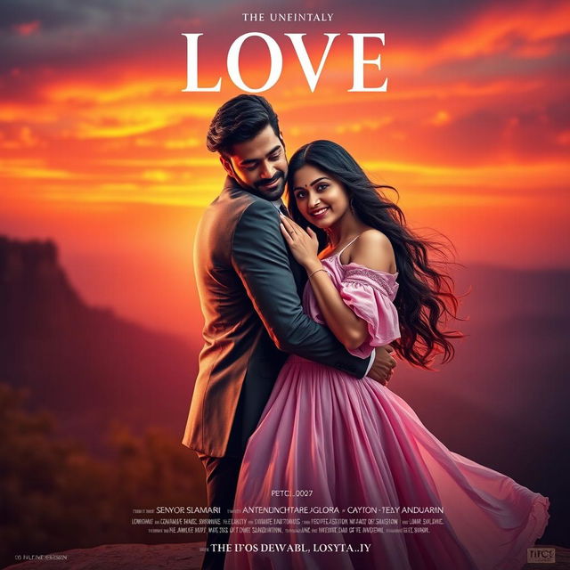 A cinematic love film poster featuring a handsome modern Indian man in a sleek suit and a breathtakingly beautiful Indian woman in a flowing western dress