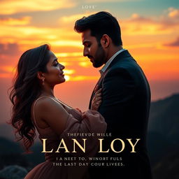 A cinematic love film poster featuring a handsome modern Indian man in a sleek suit and a breathtakingly beautiful Indian woman in a flowing western dress