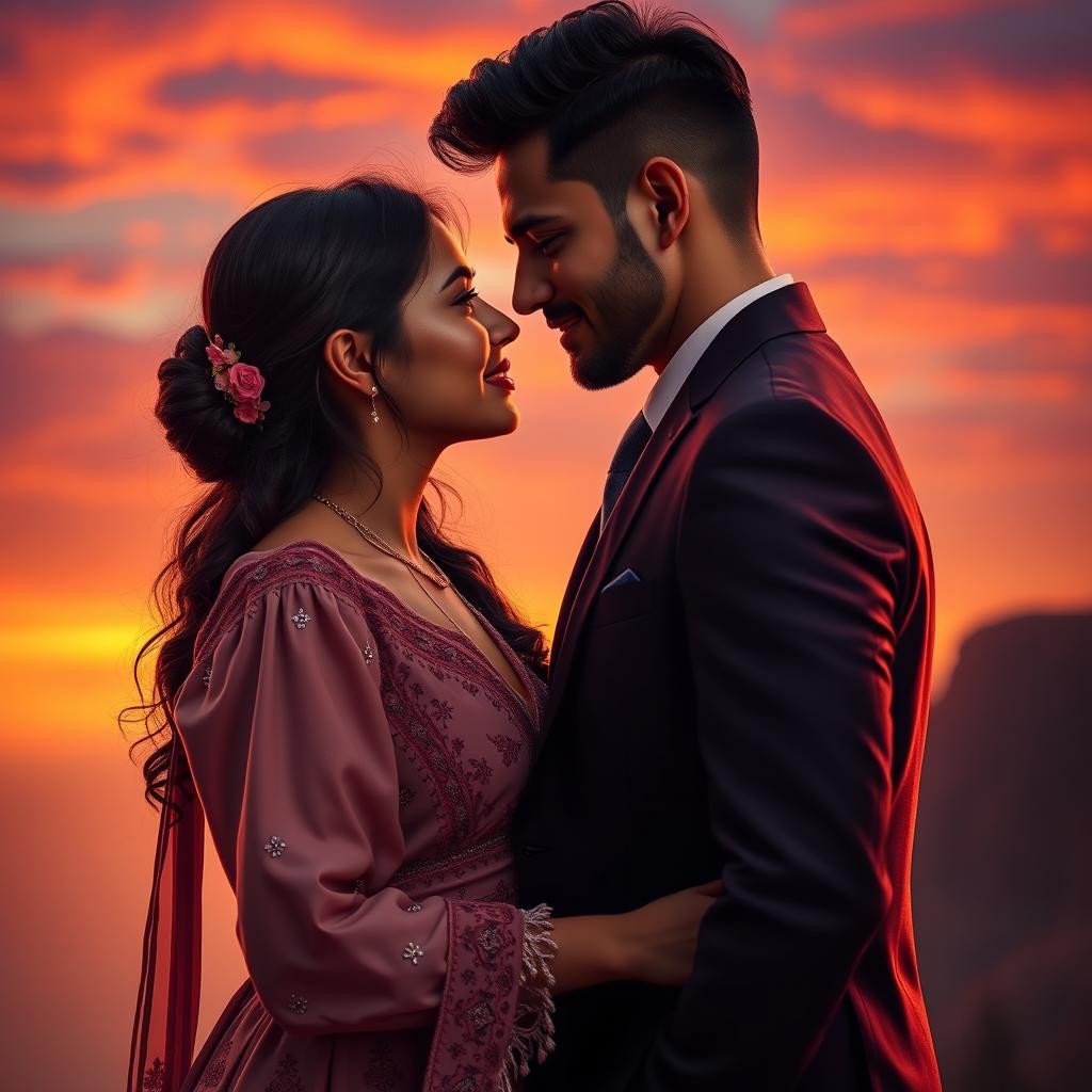 A cinematic love film poster featuring one handsome modern Indian man in a tailored suit and one beautiful Indian woman in a stylish western dress, deeply in love and gazing into each other's eyes