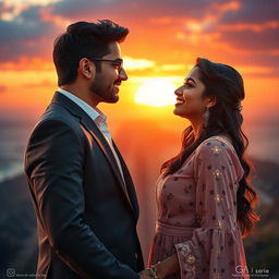 A cinematic love film poster featuring one handsome modern Indian man in a tailored suit and one beautiful Indian woman in a stylish western dress, deeply in love and gazing into each other's eyes