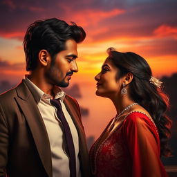 A cinematic love film poster featuring one handsome modern Indian man in a tailored suit and one beautiful Indian woman in a stylish western dress, deeply in love and gazing into each other's eyes