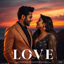 A cinematic love film poster featuring one handsome modern Indian man in a tailored suit and one beautiful Indian woman in a stylish western dress, deeply in love and gazing into each other's eyes