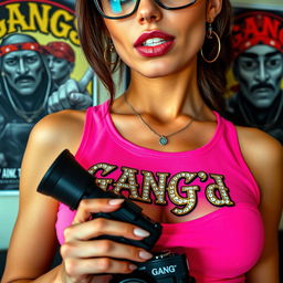 An extreme close-up torso shot of a stunning brunette female wearing glasses