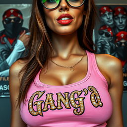 An extreme close-up torso shot of a gorgeous female with brunette hair, wearing stylish glasses and a pink tank top featuring an ornate gold and diamond trimmed 'GANG'd' logo