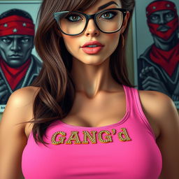 An extreme close-up torso shot of a gorgeous female character with beautiful brunette hair wearing stylish glasses