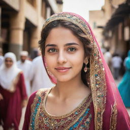 A beautiful and confident Middle Eastern girl with sparkling eyes, adorned in a vibrant traditional dress amidst a backdrop of a bustling marketplace.