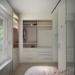 A well-organized 12x12 bedroom featuring a spacious wardrobe, a compact study table, and an inviting showcase.