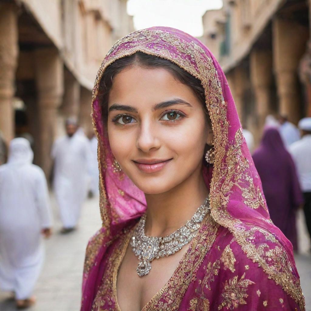 A beautiful and confident Middle Eastern girl with sparkling eyes, adorned in a vibrant traditional dress amidst a backdrop of a bustling marketplace.