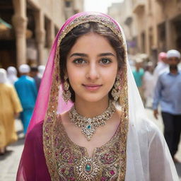 A beautiful and confident Middle Eastern girl with sparkling eyes, adorned in a vibrant traditional dress amidst a backdrop of a bustling marketplace.