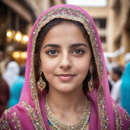 A beautiful and confident Middle Eastern girl with sparkling eyes, adorned in a vibrant traditional dress amidst a backdrop of a bustling marketplace.