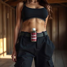 An extreme close-up of a beautiful brunette woman's torso in an empty shack, wearing a black tank top and loose-fitting black cargo pants that hang low on her hips