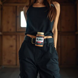 An extreme close-up of a beautiful brunette woman's torso in an empty shack, wearing a black tank top and loose-fitting black cargo pants that hang low on her hips