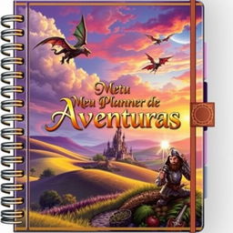 A beautifully designed planner cover with a vibrant RPG (role-playing game) theme, featuring elements like a detailed fantasy landscape with rolling hills, a mystical castle in the distance, and a colorful sky