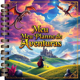 A beautifully designed planner cover with a vibrant RPG (role-playing game) theme, featuring elements like a detailed fantasy landscape with rolling hills, a mystical castle in the distance, and a colorful sky