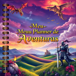 A beautifully designed planner cover with a vibrant RPG (role-playing game) theme, featuring elements like a detailed fantasy landscape with rolling hills, a mystical castle in the distance, and a colorful sky