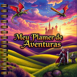 A beautifully designed planner cover with a vibrant RPG (role-playing game) theme, featuring elements like a detailed fantasy landscape with rolling hills, a mystical castle in the distance, and a colorful sky