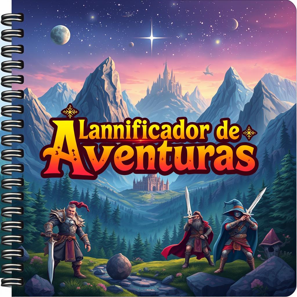 A beautifully designed RPG-themed planner cover featuring a mystical landscape with towering mountains, enchanted forests, and a castle in the distance under a starry sky