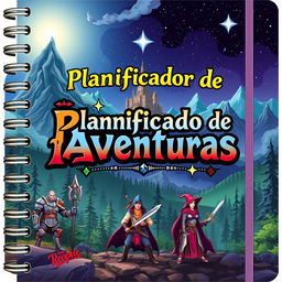 A beautifully designed RPG-themed planner cover featuring a mystical landscape with towering mountains, enchanted forests, and a castle in the distance under a starry sky