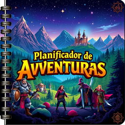 A beautifully designed RPG-themed planner cover featuring a mystical landscape with towering mountains, enchanted forests, and a castle in the distance under a starry sky