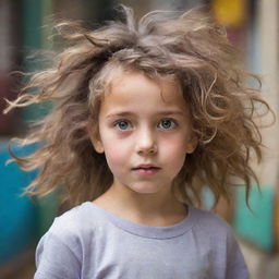 A young girl with a beautifully messy hair, carrying a sense of curiosity and lively spirit in her eyes, set against a playful, spontaneous background.