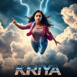 A cinematic sci-fi action superhero film poster titled 'Kriya', featuring a 27-year-old Indian woman with thunder superpowers soaring through fluffy clouds