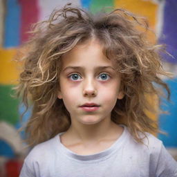 A young girl with a beautifully messy hair, carrying a sense of curiosity and lively spirit in her eyes, set against a playful, spontaneous background.