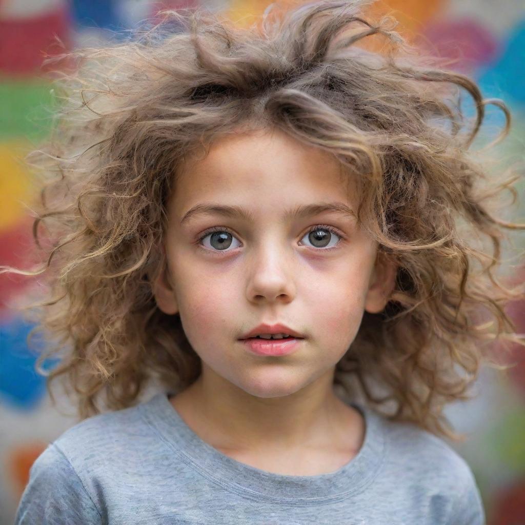 A young girl with a beautifully messy hair, carrying a sense of curiosity and lively spirit in her eyes, set against a playful, spontaneous background.