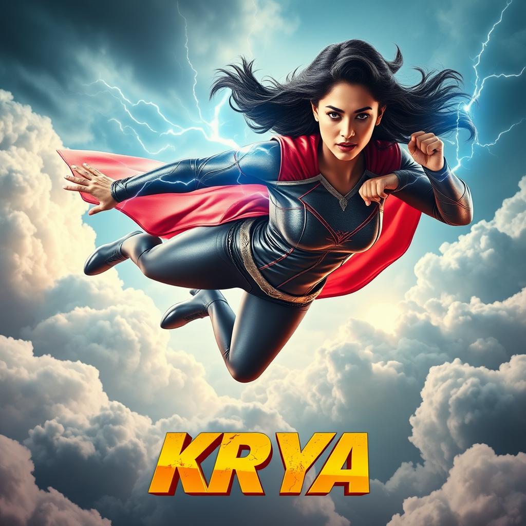 A cinematic sci-fi action superhero film poster titled 'Kriya', featuring a 27-year-old Indian woman with thunder superpowers, dressed in a sleek, form-fitting superhero costume that accentuates her athletic build