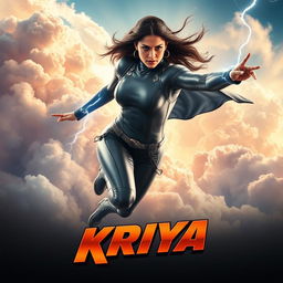 A cinematic sci-fi action superhero film poster titled 'Kriya', featuring a 27-year-old Indian woman with thunder superpowers, dressed in a sleek, form-fitting superhero costume that accentuates her athletic build