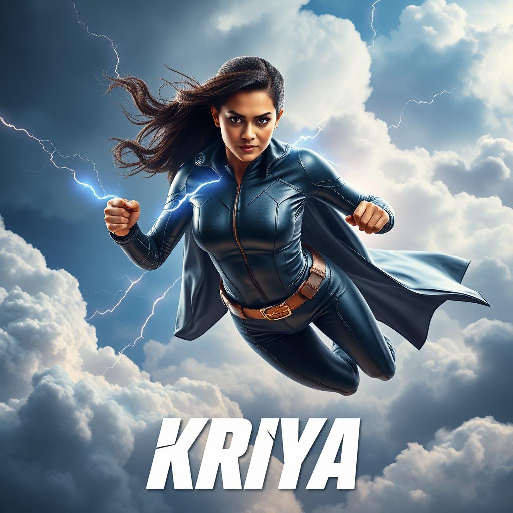 A cinematic sci-fi action superhero film poster titled 'Kriya', featuring a 27-year-old Indian woman with thunder superpowers, dressed in a sleek, form-fitting superhero costume that accentuates her athletic build