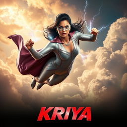 A cinematic sci-fi action superhero film poster titled 'Kriya', featuring a 27-year-old Indian woman with thunder superpowers, dressed in a sleek, form-fitting superhero costume that accentuates her athletic build