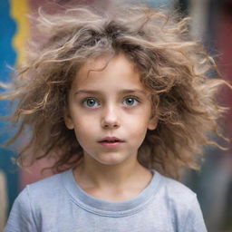 A young girl with a beautifully messy hair, carrying a sense of curiosity and lively spirit in her eyes, set against a playful, spontaneous background.