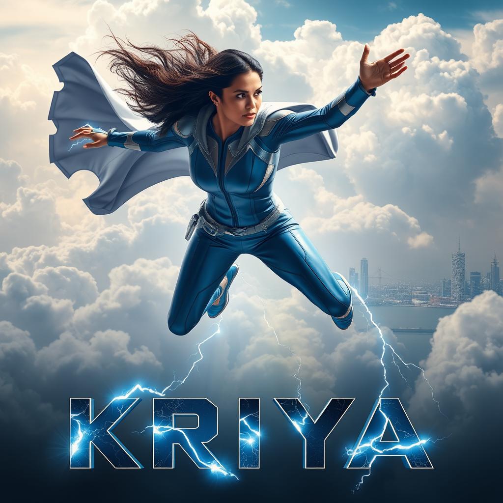 A dramatic and cinematic sci-fi action superhero film poster featuring a 27-year-old Indian woman with extraordinary thunder superpowers