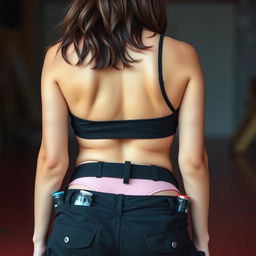 An extreme close-up from behind, focusing on a gorgeous brunette female, showcasing her curves