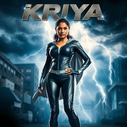 A dramatic superhero film poster featuring a 27-year-old Indian woman embodying thunder superpowers, dressed in a sleek, form-fitting superhero costume that showcases her strength and agility