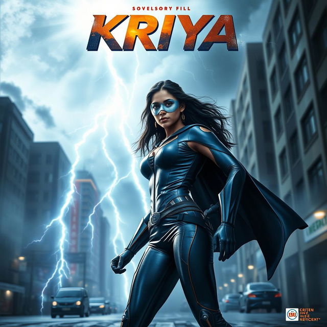 A dramatic superhero film poster featuring a 27-year-old Indian woman embodying thunder superpowers, dressed in a sleek, form-fitting superhero costume that showcases her strength and agility