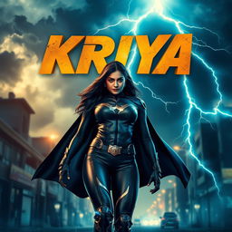 A dramatic superhero film poster featuring a 27-year-old Indian woman embodying thunder superpowers, dressed in a sleek, form-fitting superhero costume that showcases her strength and agility