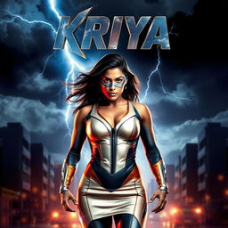 A dramatic superhero film poster featuring a 27-year-old Indian woman embodying thunder superpowers, dressed in a sleek, form-fitting superhero costume that showcases her strength and agility