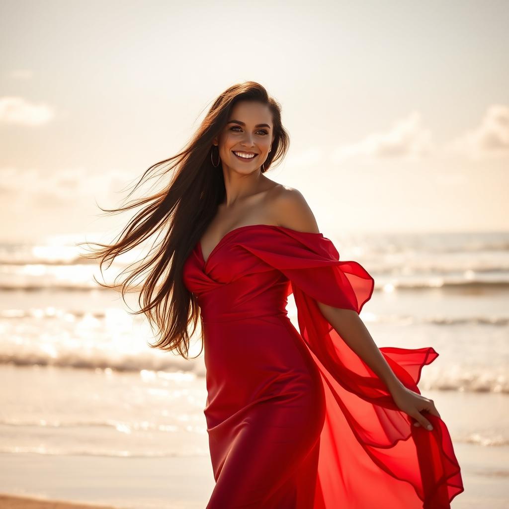 A beautiful woman with long flowing dark hair, wearing an elegant, flowing red dress that glimmers in the sunlight