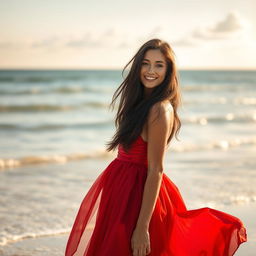 A beautiful woman with long flowing dark hair, wearing an elegant, flowing red dress that glimmers in the sunlight