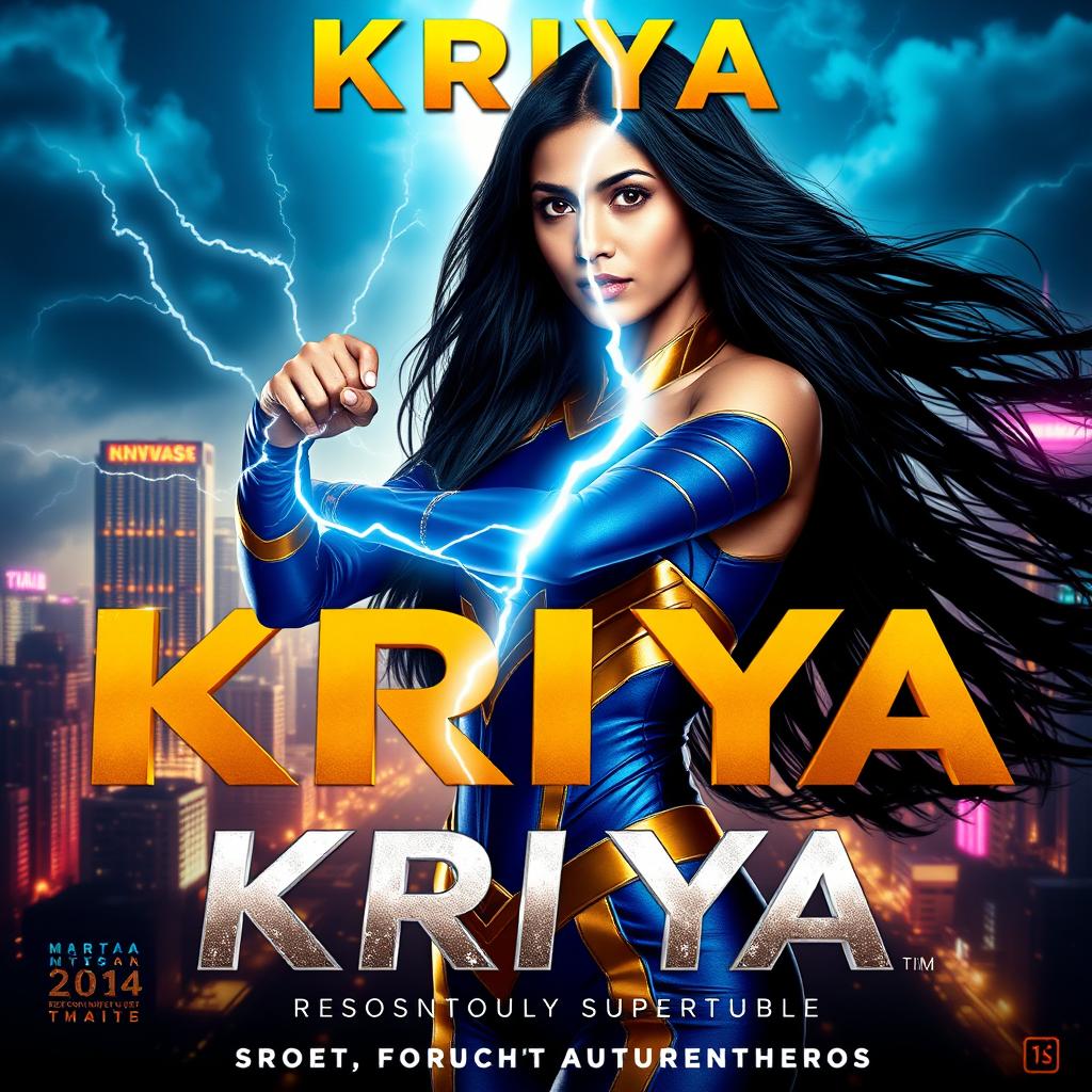 A stunning 27-year-old Indian woman with long flowing black hair and striking features, embodying the essence of a superhero