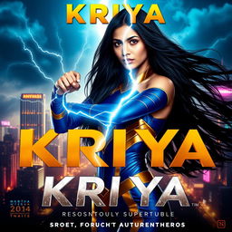 A stunning 27-year-old Indian woman with long flowing black hair and striking features, embodying the essence of a superhero