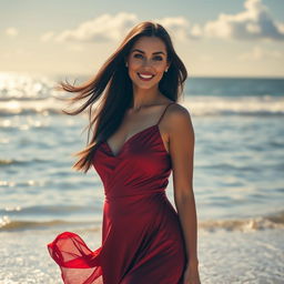 A beautiful woman with long flowing dark hair, wearing an elegant, flowing red dress that glimmers in the sunlight