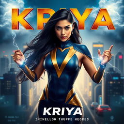 A stunning 27-year-old Indian woman with long flowing black hair and striking features, embodying the essence of a superhero