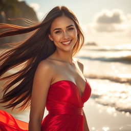 A beautiful woman with long flowing dark hair, wearing an elegant, flowing red dress that glimmers in the sunlight