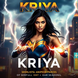 A stunning 27-year-old Indian woman with long flowing black hair and striking features, embodying the essence of a superhero