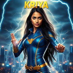 A captivating 27-year-old Indian woman with radiant beauty and long black hair, embodying the power of thunder